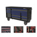 Black tool chest with blue drawers and tool sets on a white background