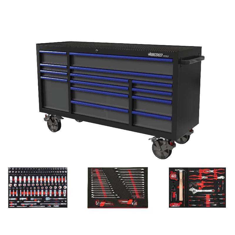 Black tool chest with blue drawers and tool sets on a white background