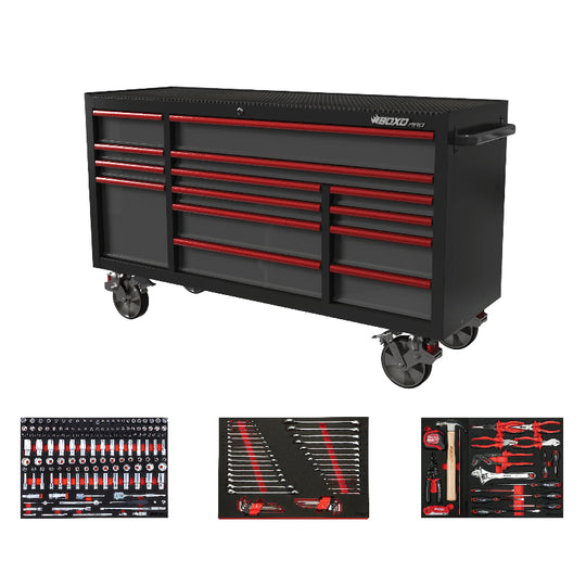 Black and red toolbox with tool sets on a white background