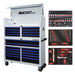 Tool chest with blue drawers and inset images of tools, featuring the BOXO USA brand.