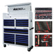 Tool chest with blue drawers and inset images of tools, featuring the BOXO USA brand.