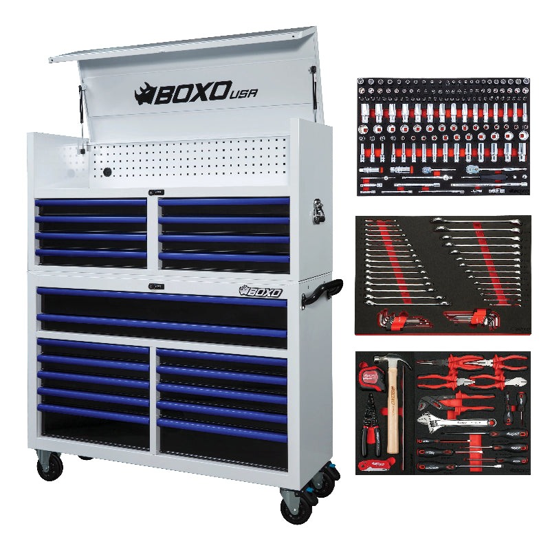 Tool chest with blue drawers and inset images of tools, featuring the BOXO USA brand.