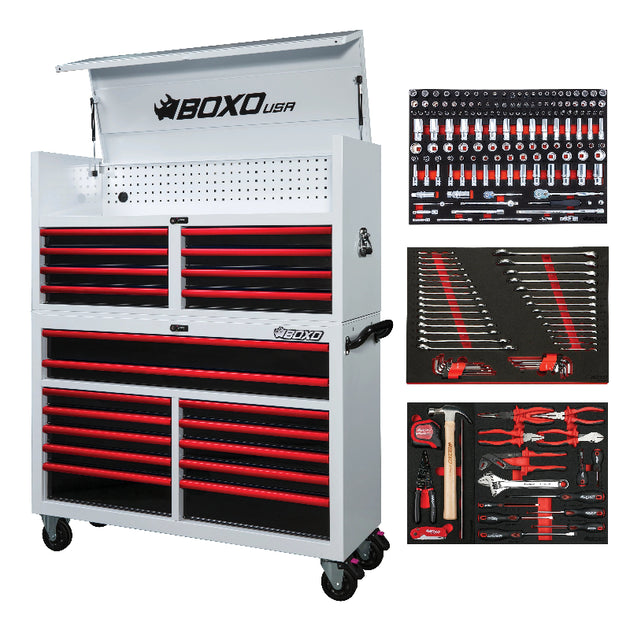 white and red tool box with tools
