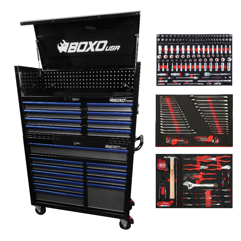 Tool chest with various tools and accessories displayed on a white background, featuring the BOXO USA brand.