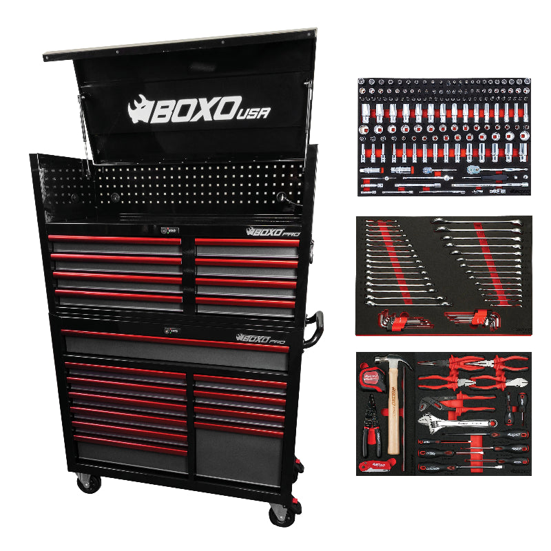 Black and red tool chest with various tool sets on a white background