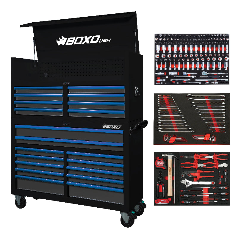 Black and blue toolbox with various tool sets on a white background, featuring the BOXO USA brand.