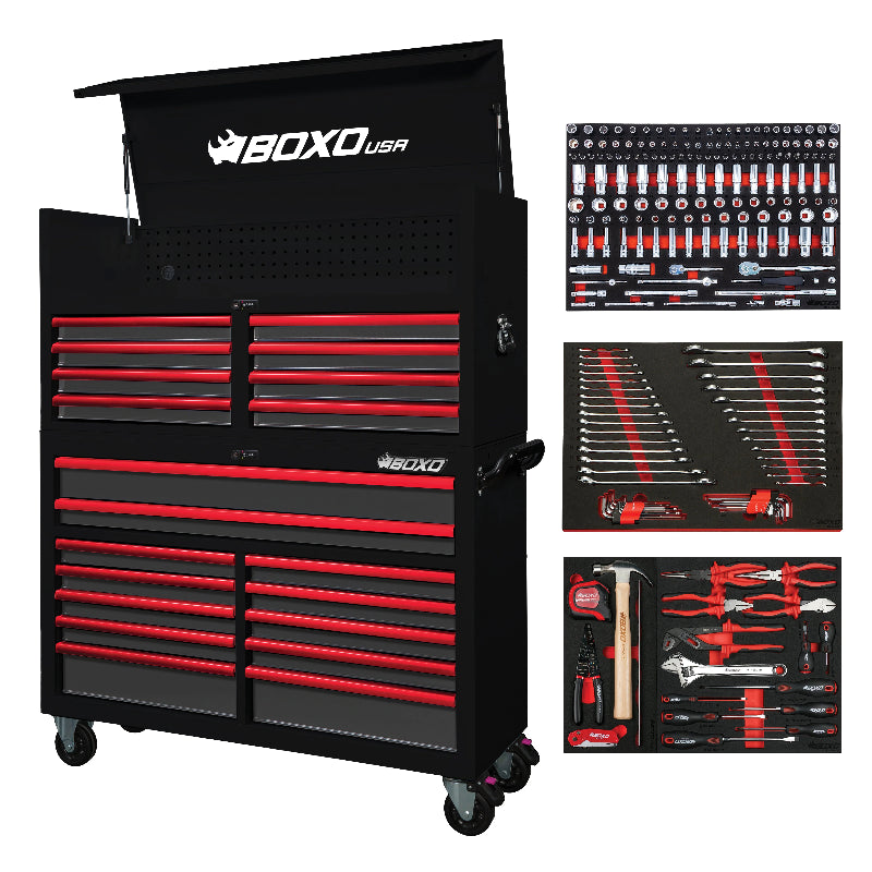 Black and red toolbox with various tools on a white background