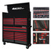 Black and red toolbox with various tools on a white background