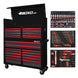 Black and red toolbox with various tools on a white background