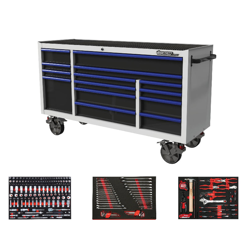 Tool chest with blue drawers and tool sets on a white background
