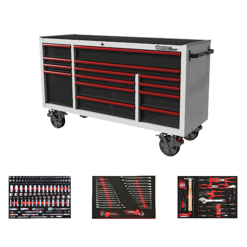 Tool chest with red drawers and tool sets on a white background