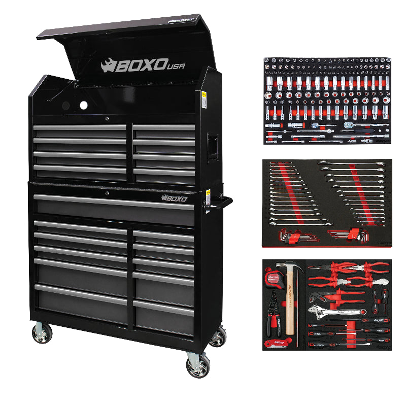 Black toolbox with various tool sets on a white background