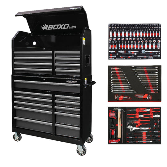 Black toolbox with various tool sets on a white background