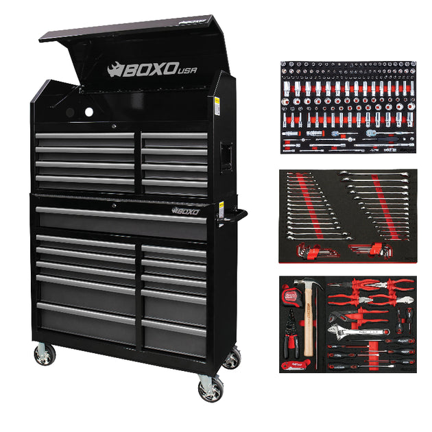 Black toolbox with various tool sets on a white background