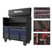 Black toolbox with blue drawers and various tool sets on a white background