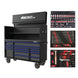 Black toolbox with blue drawers and various tool sets on a white background