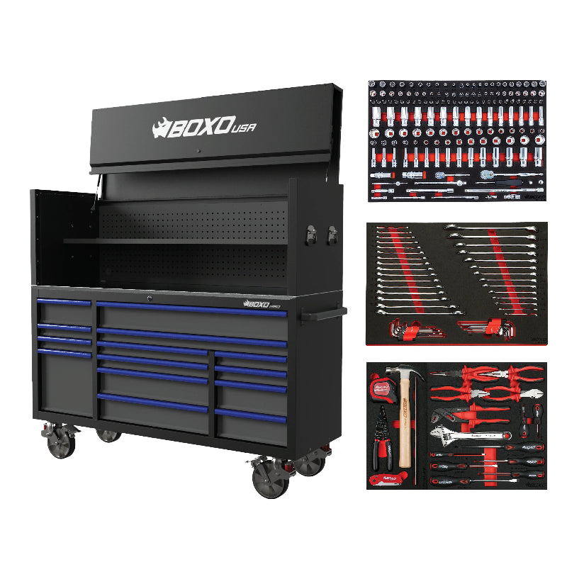 Black toolbox with blue drawers and various tool sets on a white background