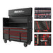 Black toolbox with red accents and tool sets on a white background