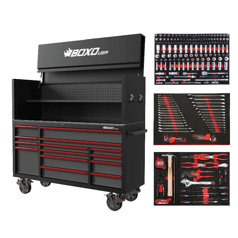 Black toolbox with red accents and tool sets on a white background