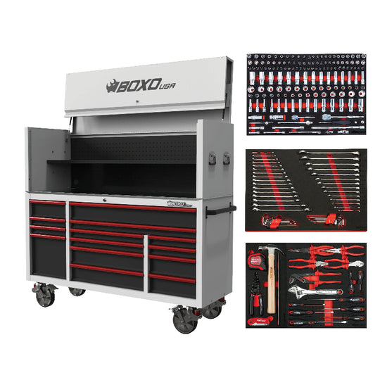 Tool chest with open drawers and tool sets on a white background