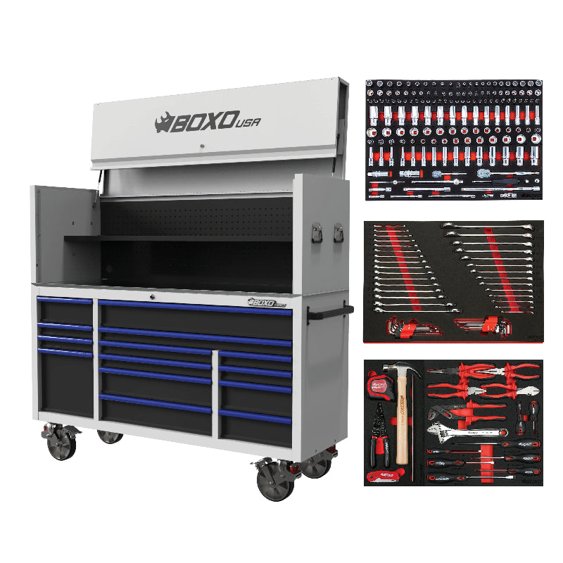 Tool chest with open drawers and tool sets on a white background, featuring the BOXO USA brand.