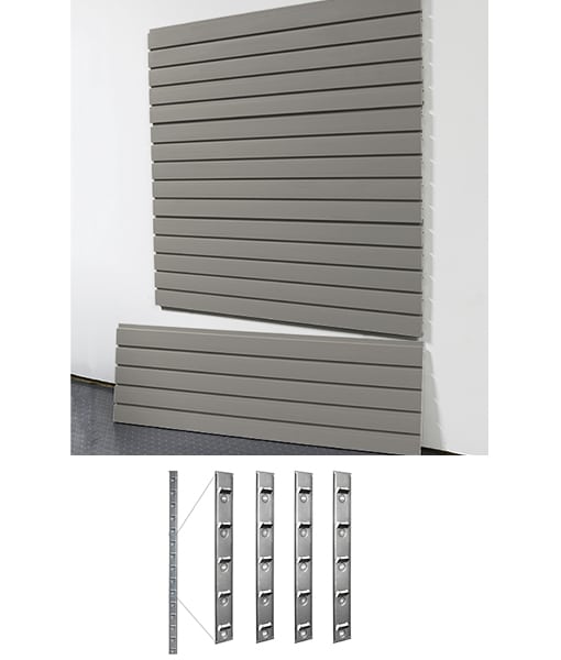 Gray slatwall panels on a white wall
