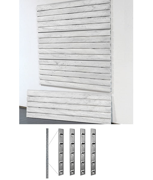 White slatwall panels with metal brackets on a white background