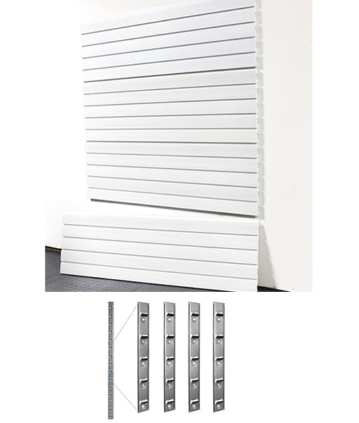 White slatwall panels with a set of metal brackets on a white background