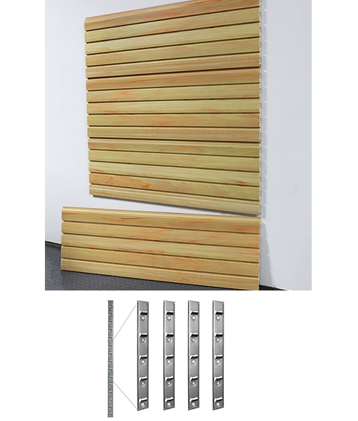 pvc slatwall panels with metal brackets on a white background