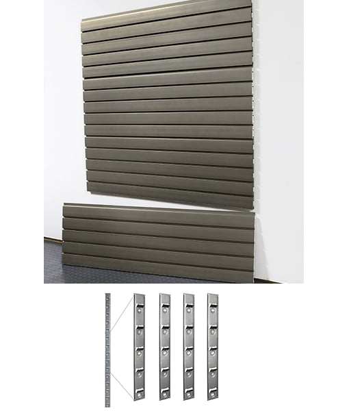 slatwall panel with mounting brackets on a white background
