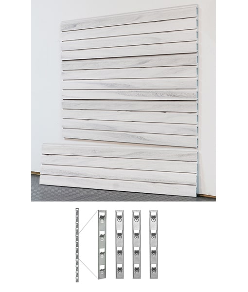 white slatwall panel with installstrips on white background