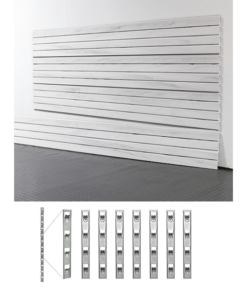 8ft slatwall panel with installstrips in white background