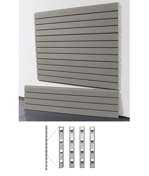 Gray slatwall panels on a white wall with additional brackets displayed below.