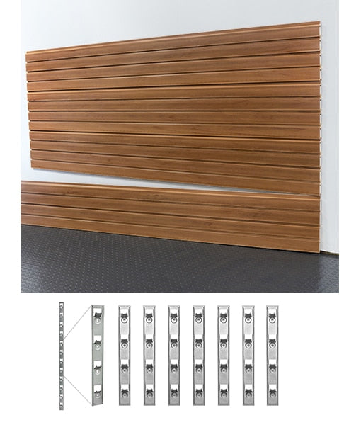Wooden slatwall panel with metal brackets on a white background