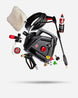 A high-pressure water washer kit with a black pressure washer, coiled hose, spray wand, foam cannon, attachment nozzle, cleaning sponge, and foam bottle, arranged against a light gray background.