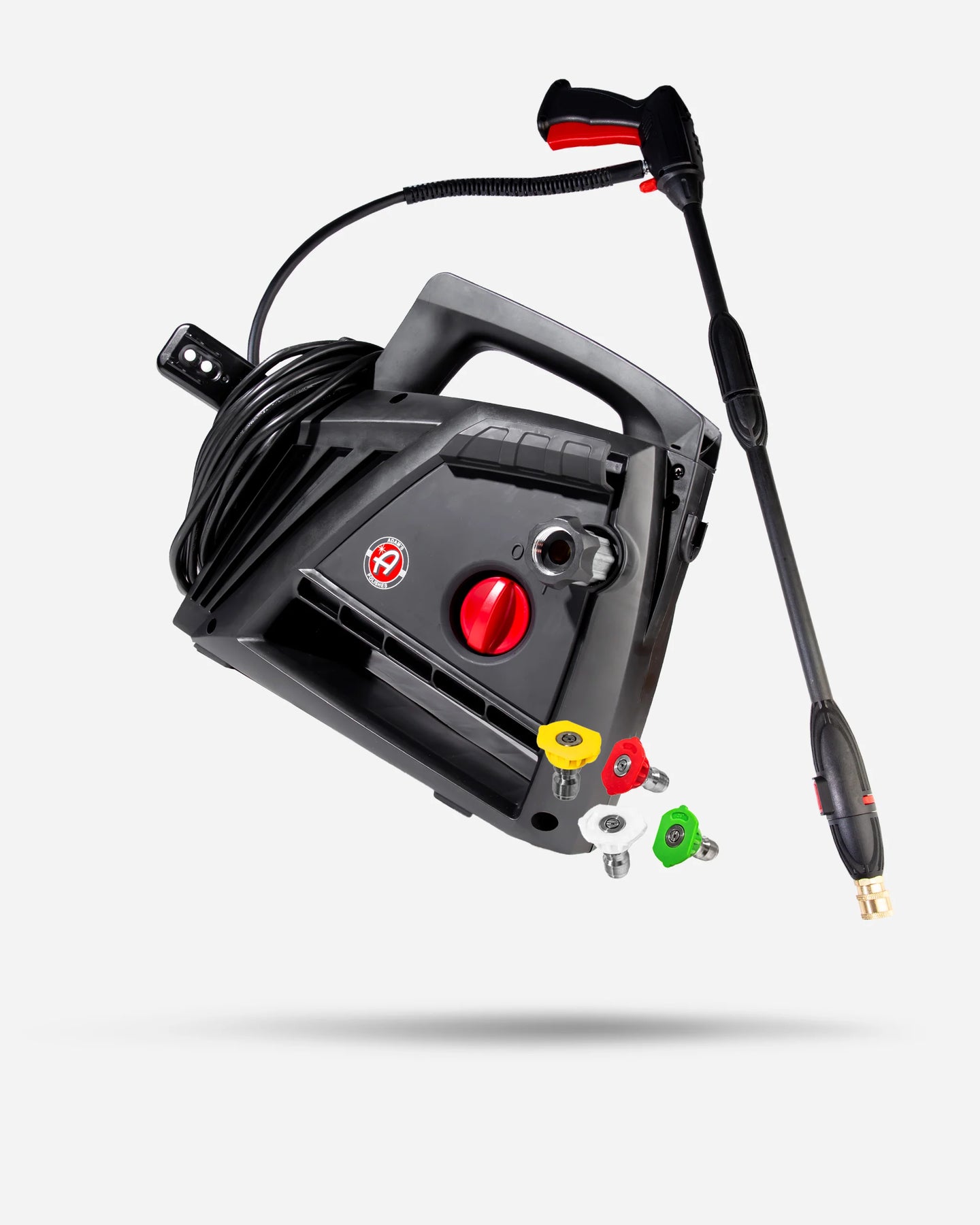 Black pressure washer with a flexible wand attachment and several colorful nozzle tips, shown on a light gray background.