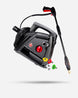 Black pressure washer with a flexible wand attachment and several colorful nozzle tips, shown on a light gray background.