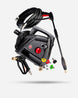 Black high-pressure washer kit with coiled hose, spray wand, two nozzles, and mounting hardware, shown floating on a light gray background.