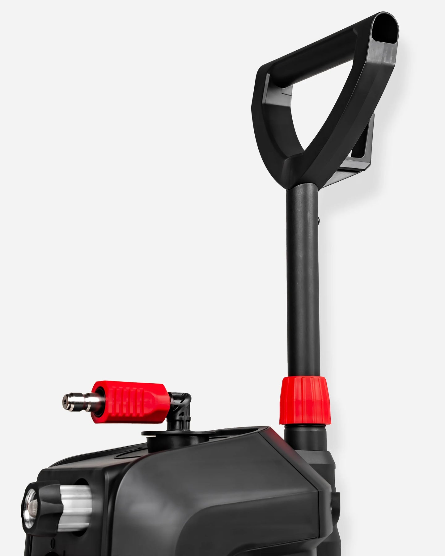 Close-up of a black pressure washer pump handle and hose connector with red accents, shown against a light gray background.