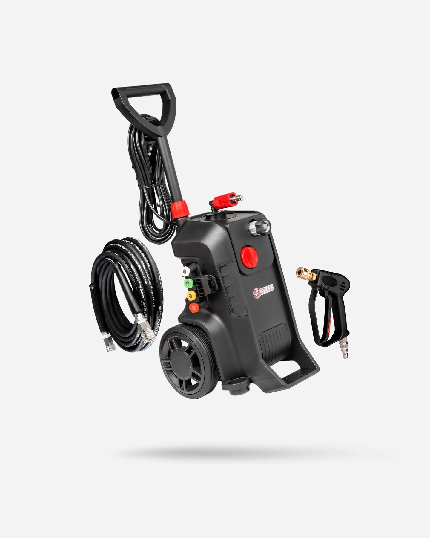 Black high-pressure washer with wheels, hose, and spray gun on a light gray background.