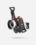 Black high-pressure washer with wheels, hose, and spray gun on a light gray background.