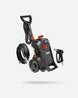 Black high-pressure washer with wheels, hose, and spray gun on a light gray background.