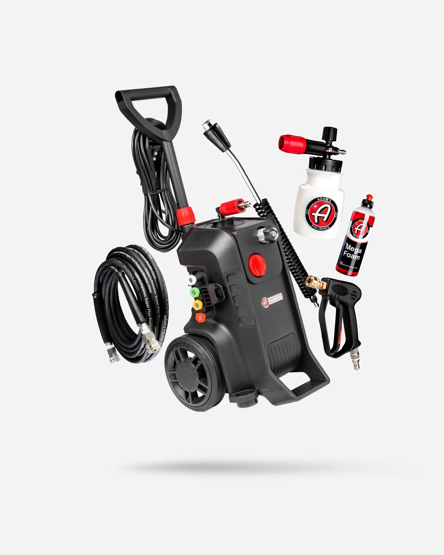 Black pressure washer with accessories on a white background