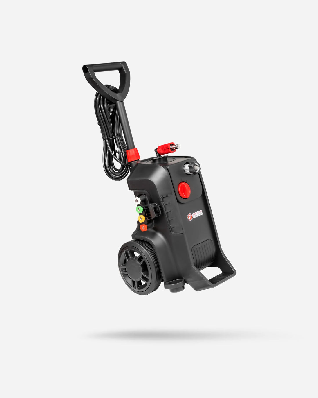 Black pressure washer with red buttons on a white background